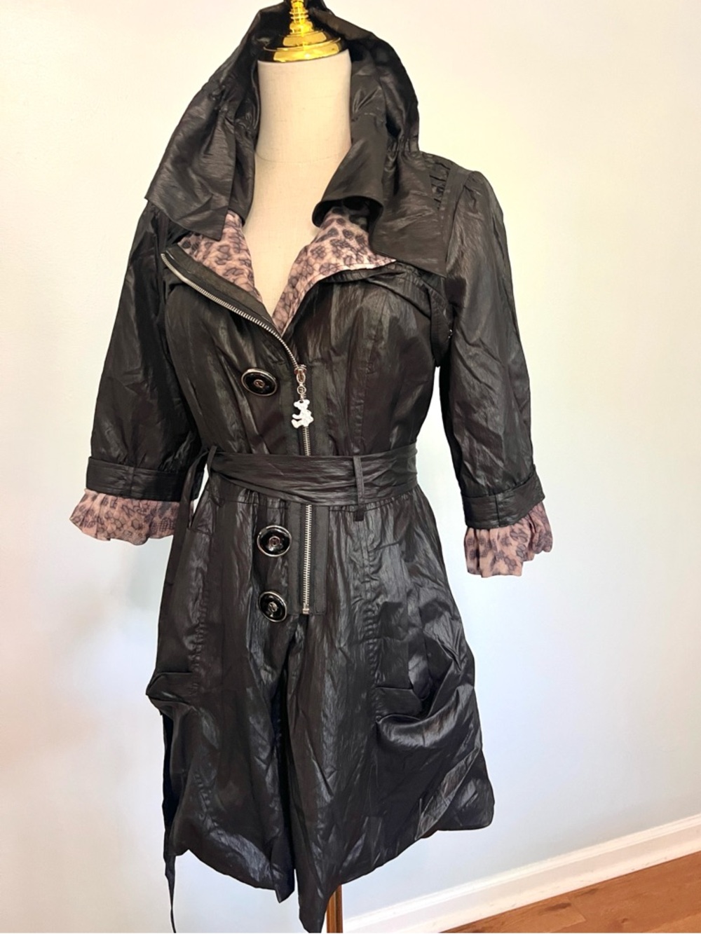 Black Belted Trench Coat Lined Collar Coat Dress Zip Button State Jacket Size S - Picture 6 of 10